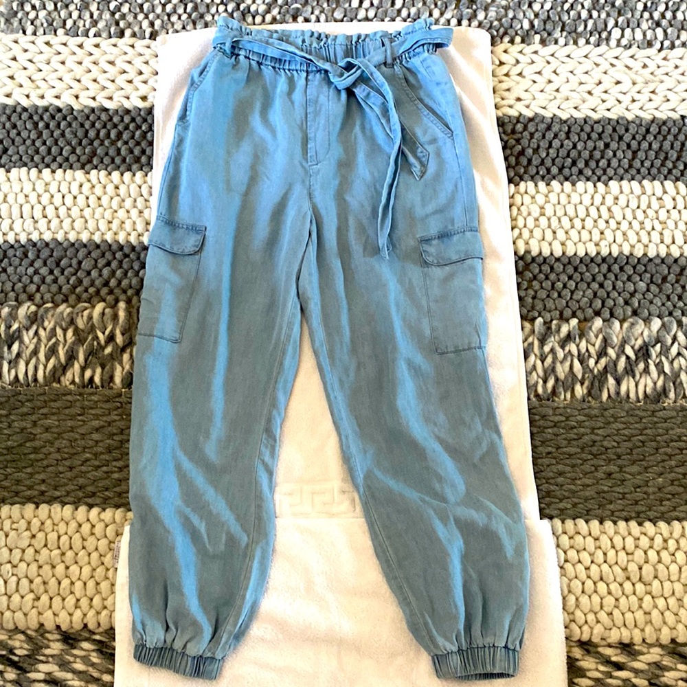 Blue straight leg pants with belt